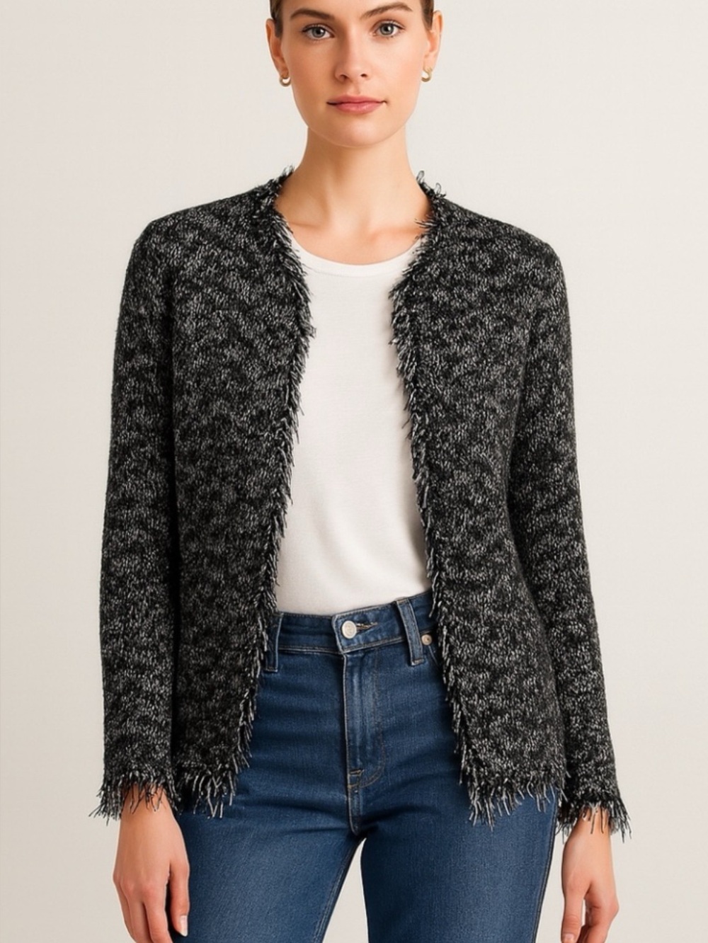 Chico’s Size 3 XL Marled Tweed Fringe Blazer Cardigan Black White Quiet Luxury